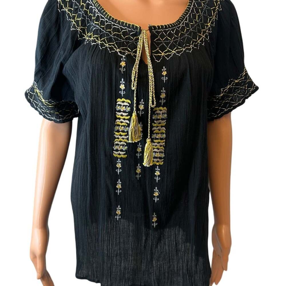 Notations Black & Gold Embroidered Peasant Top women's sz L NWOT